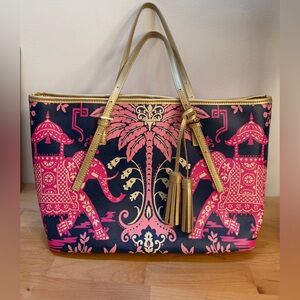 Spartina 449 Pink and Gold Elephants Pattern Tote Bag